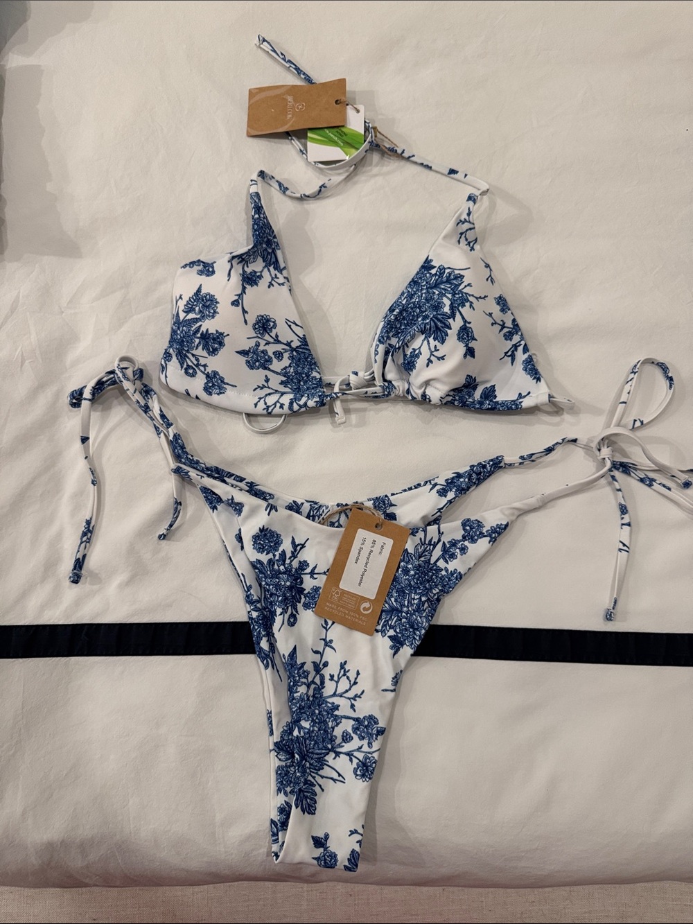 Berlook NWT White & Blue Floral Tie-Side Bikini Set